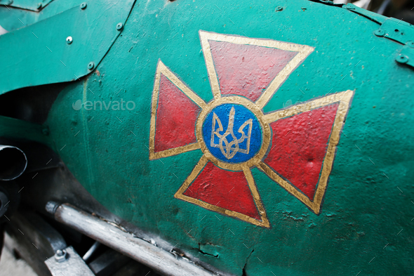 Emblem at military car of the Armed Forces of Ukraine