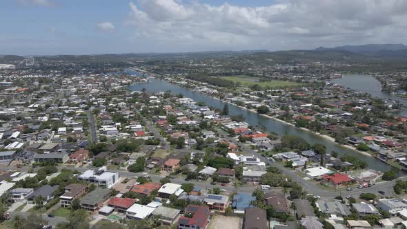 Aerial Panorama Of Tallebudgera City In Gold Coast, Queensland, Australia. Drone Shot alt