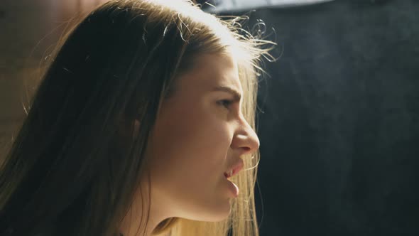 Profile of Beautiful Girl Singing in Sound Studio alt