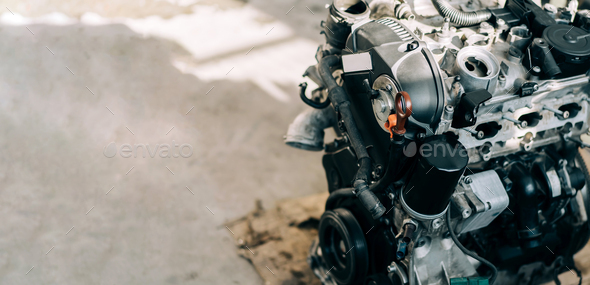 The internal combustion engine is assembled on the floor. Car engine repair and purchase