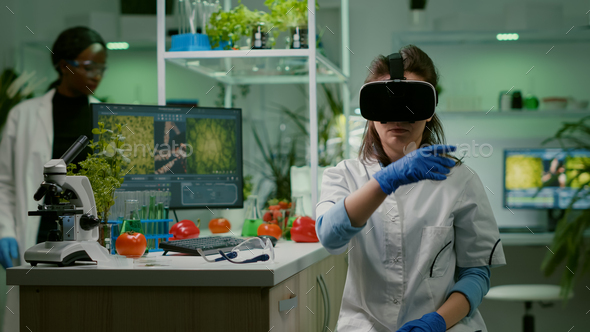 Scientist Woman Researcher Wearing Virtual Reality Headset Stock Photo ...