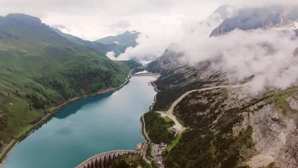 Aerial View of Fedaia Lake Dolomites Italy