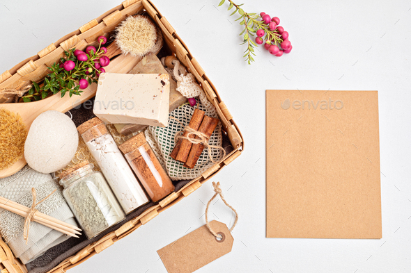 Preparing self care package, seasonal gift box with plastic free zero waste cosmetics products
