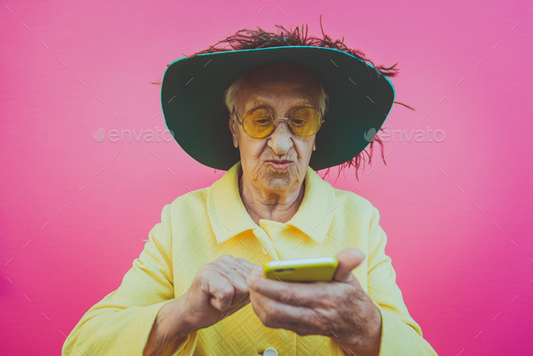 funny portraits with old grandmother - Stock Photo - Images