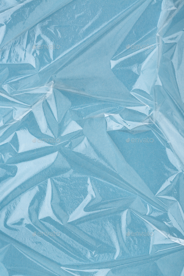 Wrinkled Cling Film, Blue Vinyl Texture, Abstract Background.