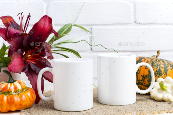 Placeit – Two coffee mug mockup with pumpkins and lily Stock Photo by  TasiPas