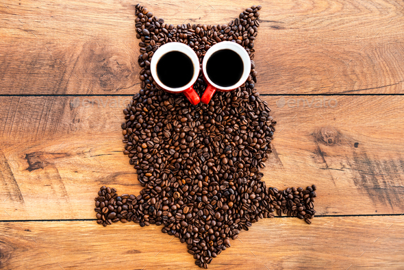 Coffee owl. Top view of funny owl made from coffee beans laying on the wooden desk