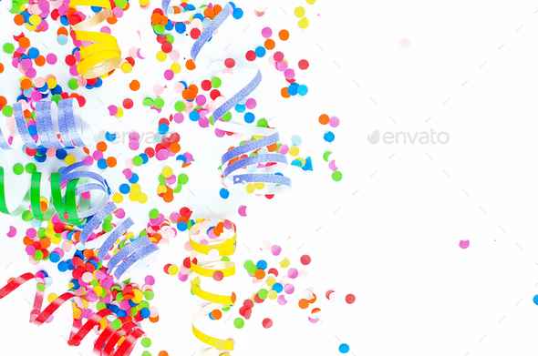Colorful confetti and twirled party streamers - Stock Illustration