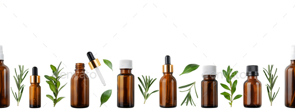Horizontal seamless flat lay background of dropper and spray bottles with oil and herbs - Stock Photo - Images