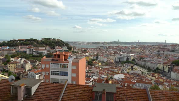 Whole Lisbon Panorama on a Very Sunny Bright Beautiful Spring Day