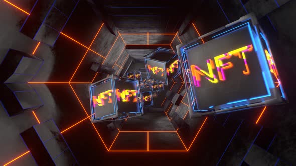 Flight of the chambers through the Corridor of the spacecraft with the NFT blocks.. Seamless animati