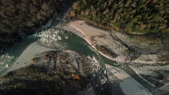 Mountain River Background From Birds Eye View Aerial Slowly Rotating Down