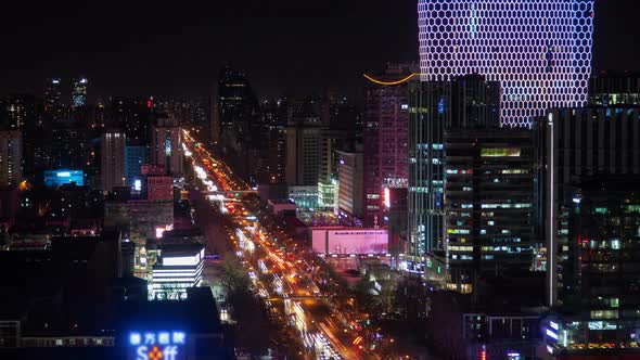Beijing Night Aerial Cityscape with Road Traffic China Zoom Out alt