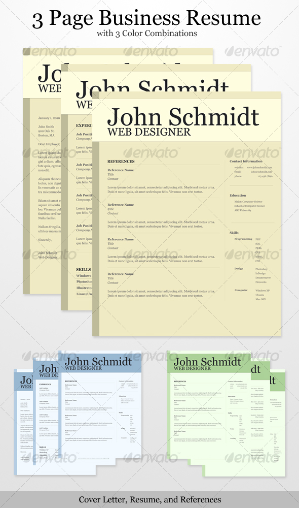 3 Page Business Resume with 3 Color Combinations - Resumes Stationery