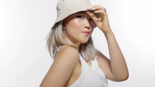 Blonde Korean Model in Studio Closeup Portrait with Bucket Hat