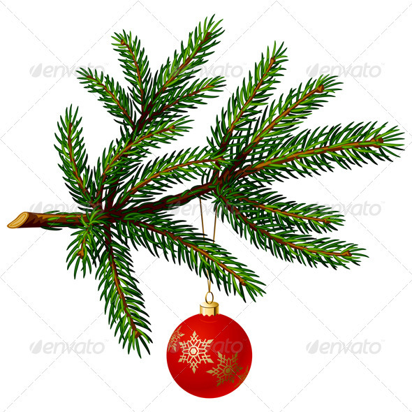 Pine Tree Branch with Christmas Ball - Christmas Seasons/Holidays