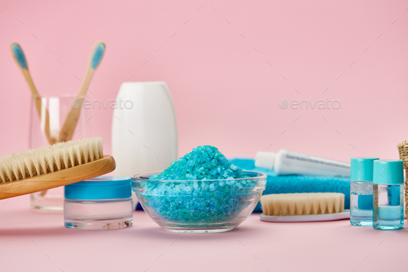 Oral and skin care products, pink background - Stock Photo - Images