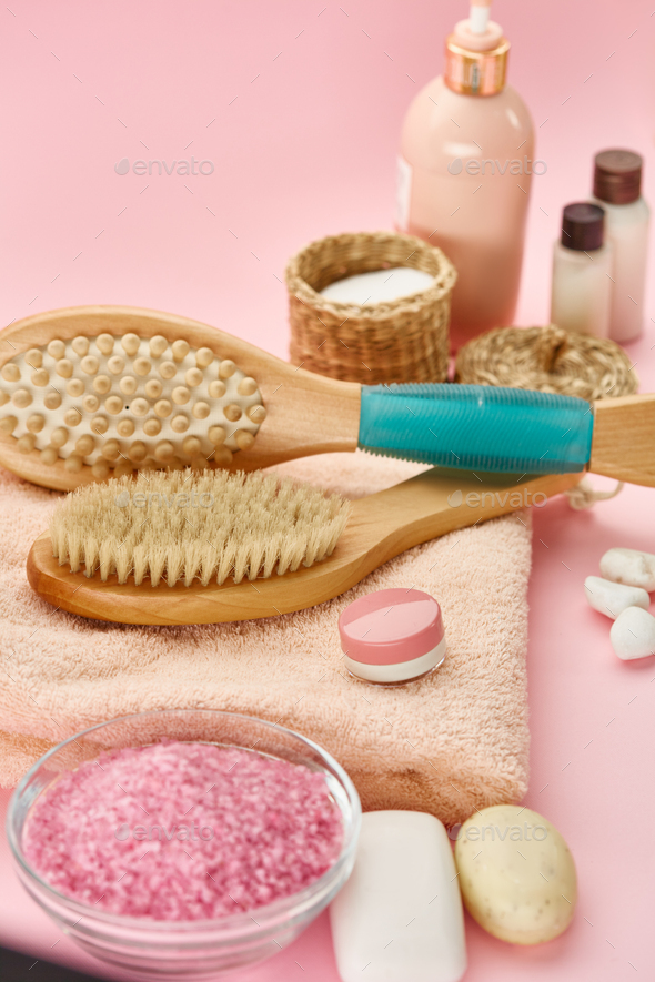 Different skin care products, pink background - Stock Photo - Images