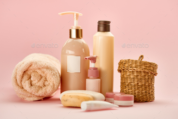 Skin care products on pink background, nobody Stock Photo by NomadSoul1