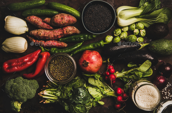 Vegetables, grains, greens and fruit for healthy diet - Stock Photo - Images