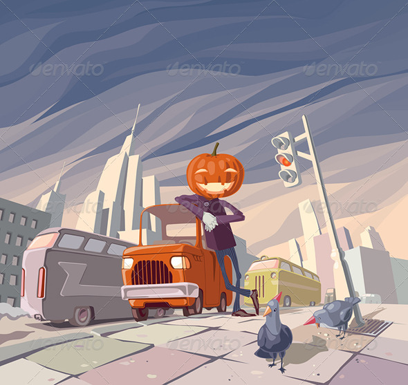 Jack O' Lantern and His Orange Car - Characters Vectors