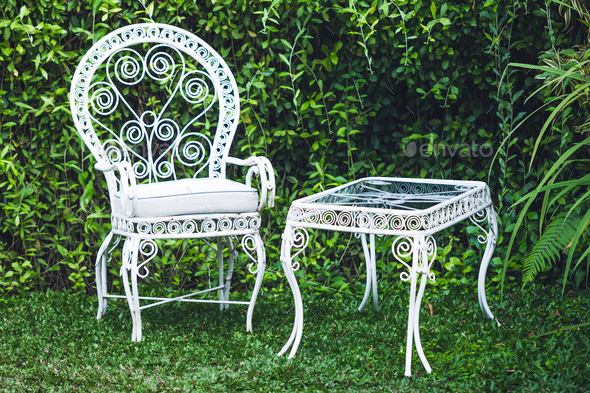 Old Vintage Furniture In Garden With, White Metal Vintage Outdoor Chairs
