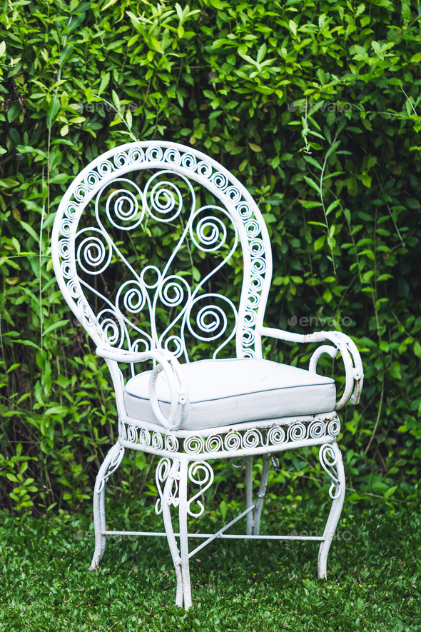 Old Vintage Furniture In Garden With, White Metal Vintage Outdoor Chairs