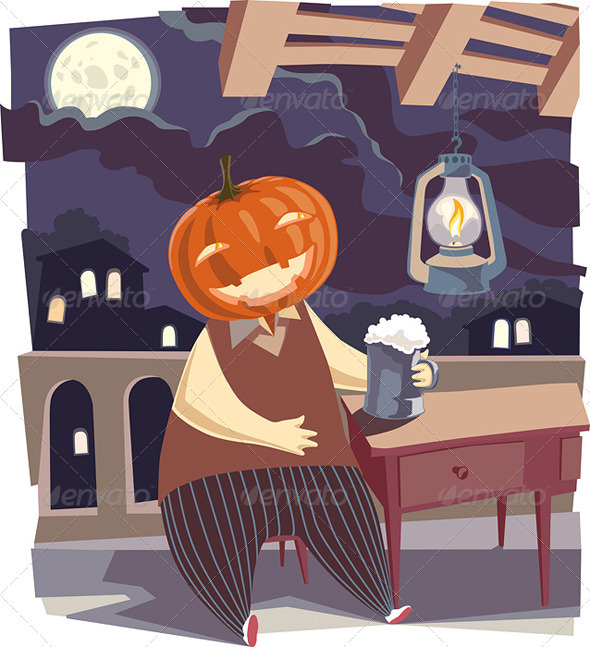 Jack O' Lantern with a Pint of Beer - Characters Vectors