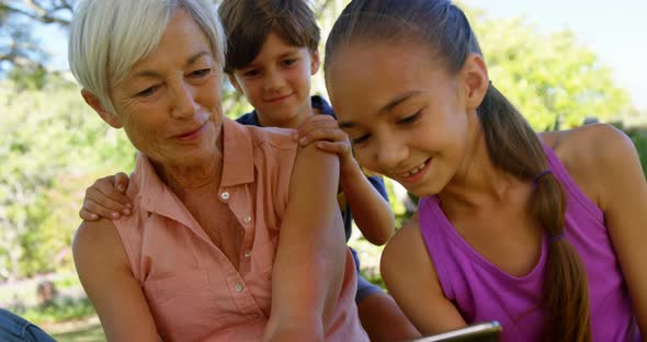 Grandmother and grand kids using mobile phone in the park 4k alt