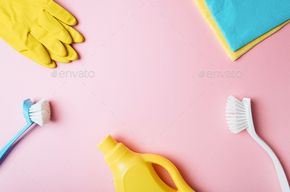Various cleaning supplies, housekeeping background Stock Photo by
