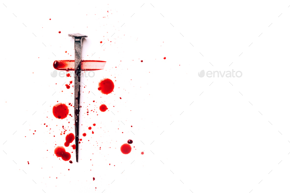 Christian cross made with rusty nails, drops of blood on white background.  Copy space. Good Friday Stock Photo by jchizhe
