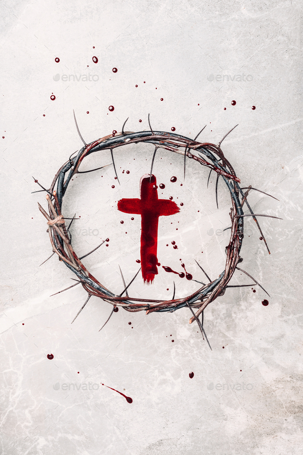 Crown of thorns, cross painted with red blood on stone background. Copy  space. Good friday. Passion Stock Photo by jchizhe