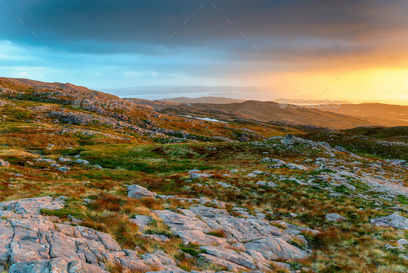 Glorious sunset from the top of the Bealach na Ba - Stock Photo - Images