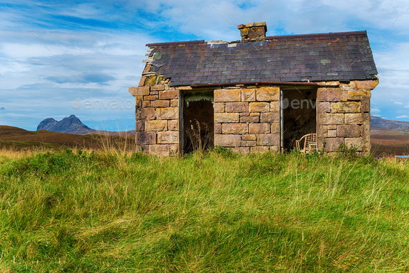 An old bothy at Elphin in the Highlands - Stock Photo - Images