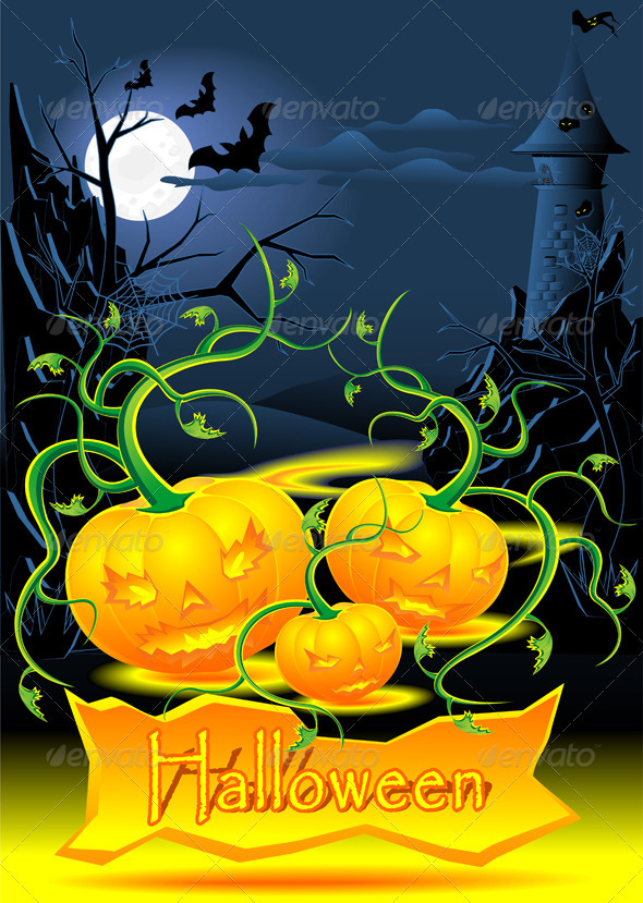 Halloween illustration with evil light pumpkins - Halloween Seasons/Holidays