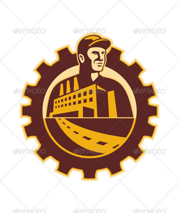 Factory Worker Mechanic With Cog Building - Industries Business