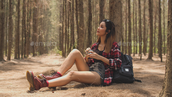 Asian hiker woman trekking in forest. Young happy backpack girl sitting  rest drink water. Stock Photo by Tirachard