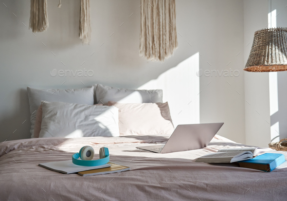 Bedroom Interior With Hygge Design, Comfortable Bed, And Modern Accessories  Stock Photo, Picture and Royalty Free Image. Image 90323719.