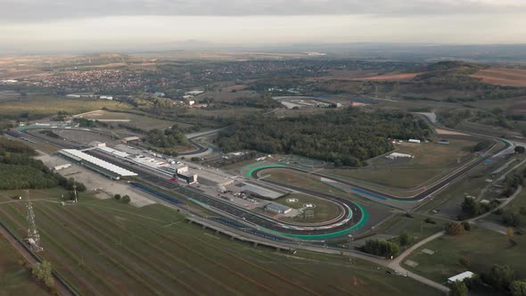 Aerial view of complete Hungaroring race track, overview of the circuit, paddock