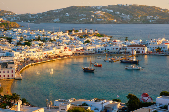 Mykonos island port with boats, Cyclades islands, Greece - Stock Photo - Images