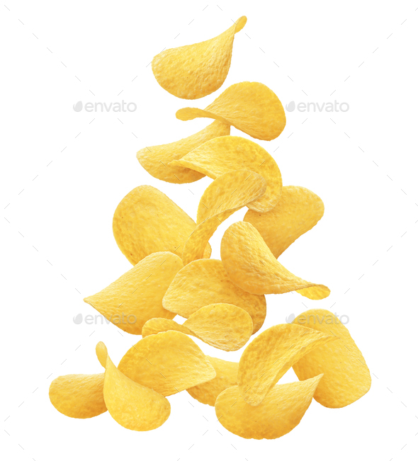 Falling potato chips isolated on white background Stock Photo by xamtiw