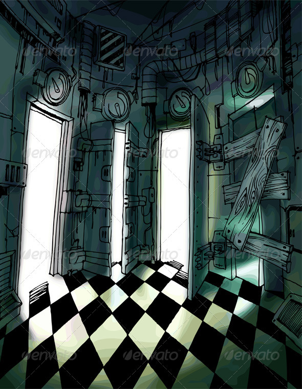 Dark Room with Many Doors - Buildings Objects