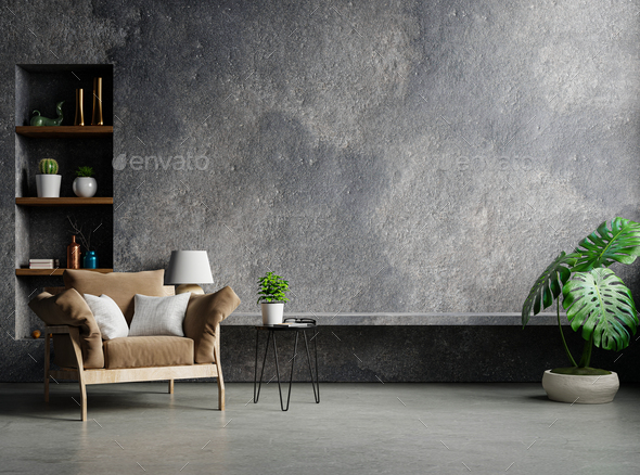 Living room interior style loft on empty concrete wall background. Stock  Photo by vanitjan