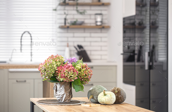 Modern stylish Scandinavian kitchen interior with kitchen accessories.  Stock Photo by puhimec