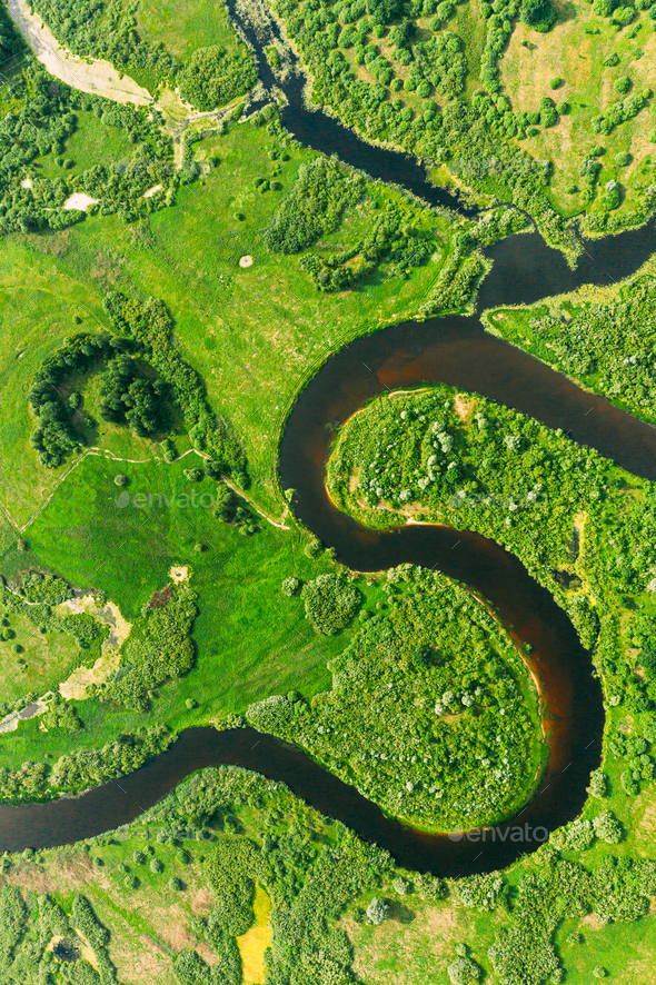 Aerial View Of Summer Curved River Landscape In Sunny Summer Day. Top View Of Beautiful European - Stock Photo - Images