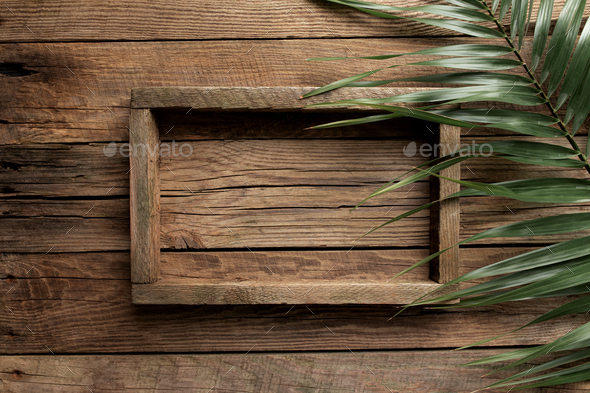 Frame of wooden box or container for food, fruit delivery on a wooden background