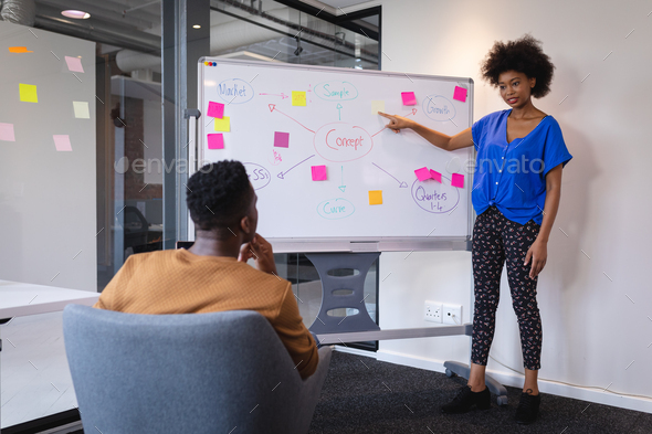 Mixed race businesswoman standing at whiteboard giving presentation to african american colleague