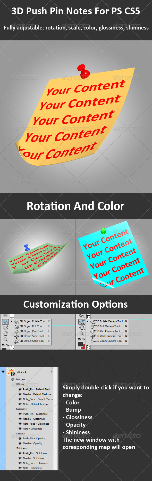 3D Push Pin Notes Pack For PS CS5, Full 3D Options - Home & Office Isolated Objects