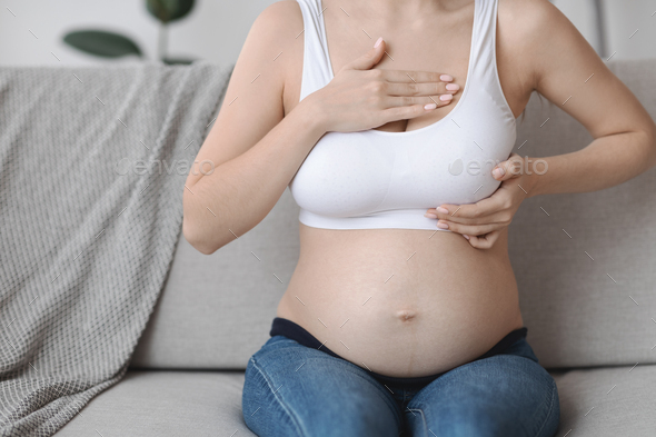 Breast Diseases During Pregnancy. Pregnant Lady In Top Bra
