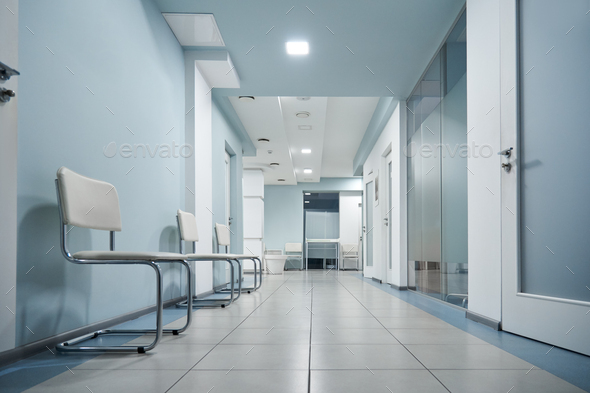 Empty modern hospital corridor, clinic hallway interior background. Stock  Photo by insta_photos